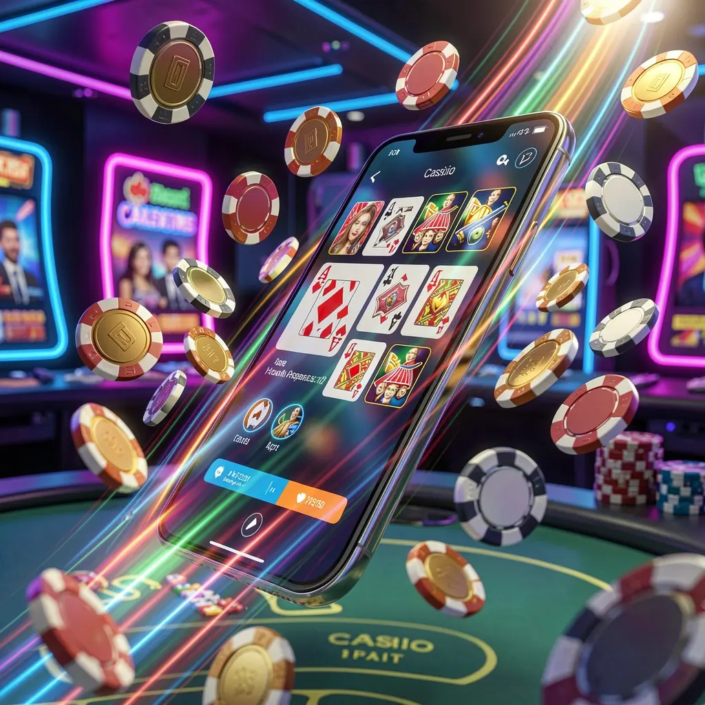KKK9 fast casino app access visual showing a smartphone with speed light trails, coins and chips flying around against a modern neon casino background in a dynamic 3D render
