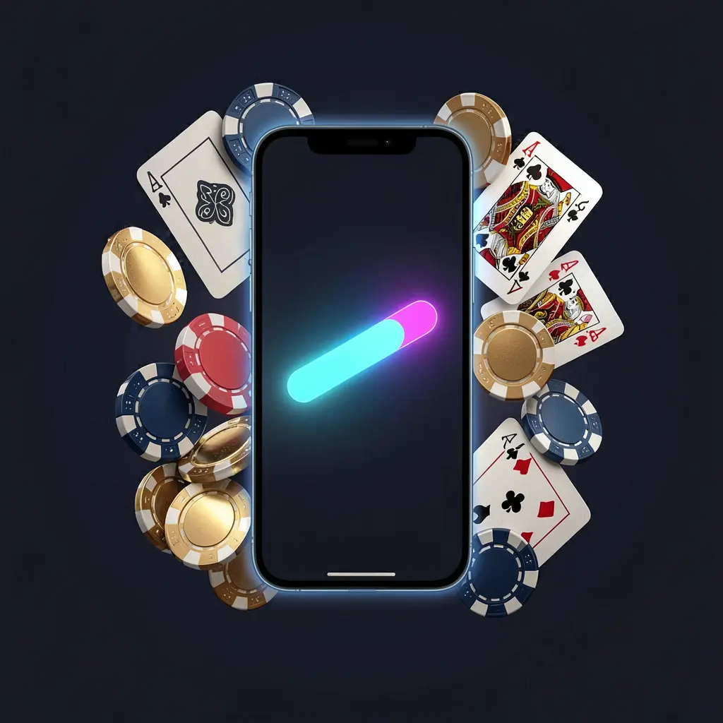 KKK9 casino app installation on smartphone with glowing progress bar, surrounded by coins, chips, and cards on a dark background