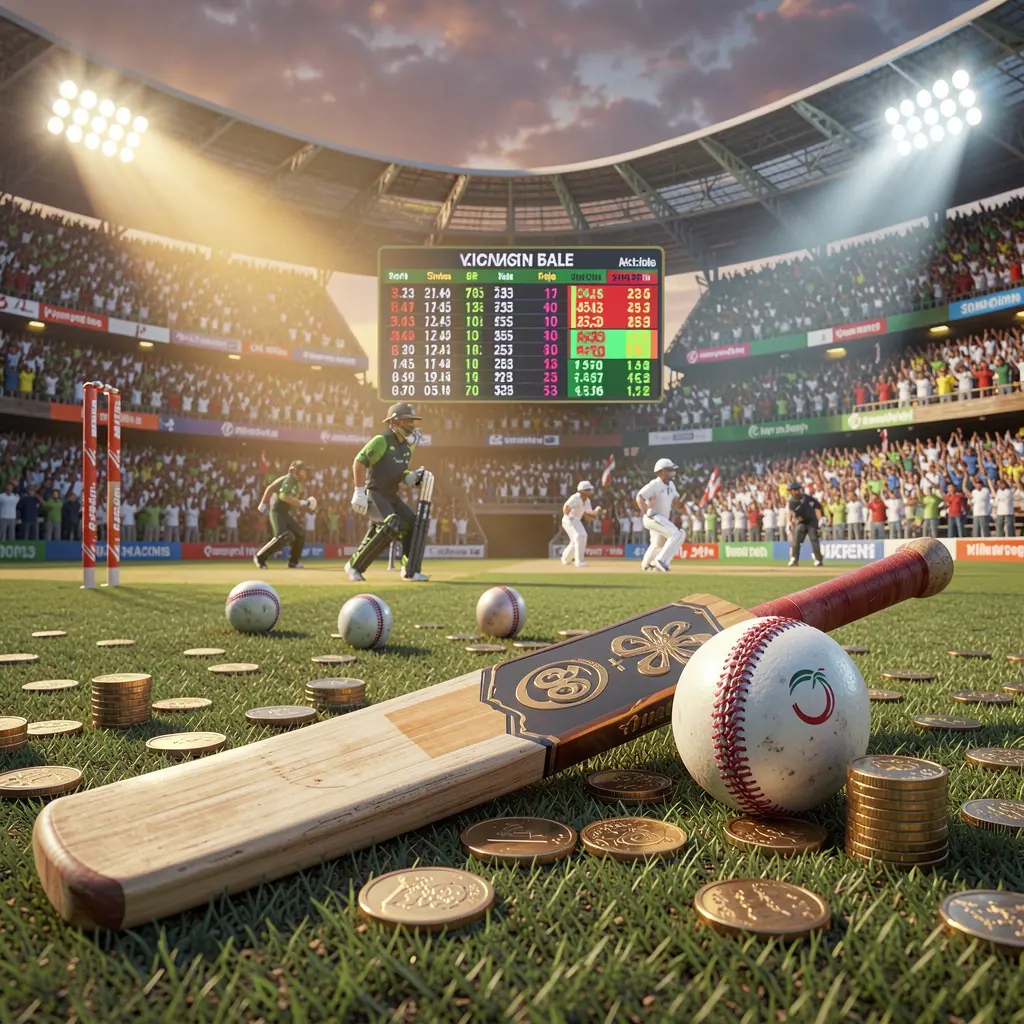 KKK9 premium cricket betting scene showing a cricket stadium filled with a crowd, a bat and ball in the foreground, digital odds graphics, and coins under dramatic lighting in a high detail 3D render