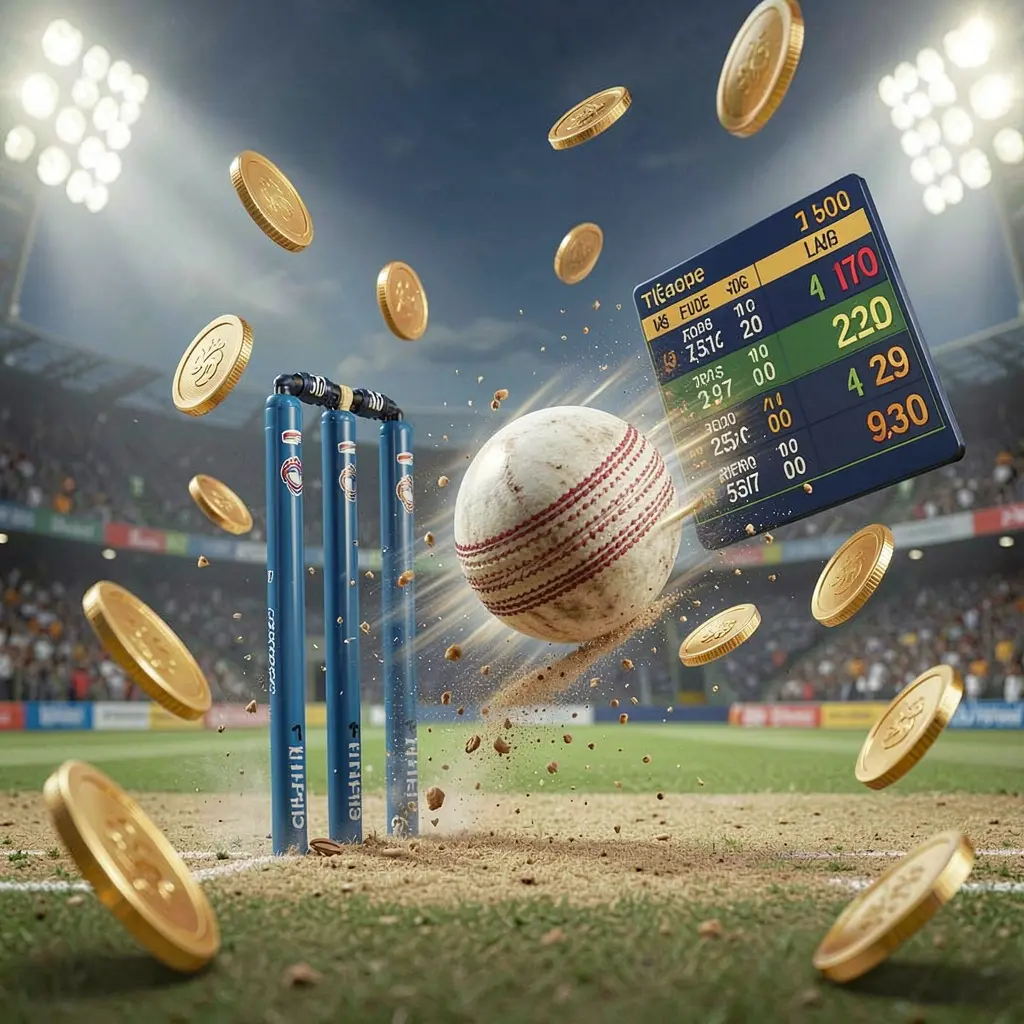 KKK9 cricket match betting banner showing a cricket ball hitting wickets with dynamic motion under stadium lights, featuring a floating odds interface and coins in a premium sports atmosphere
