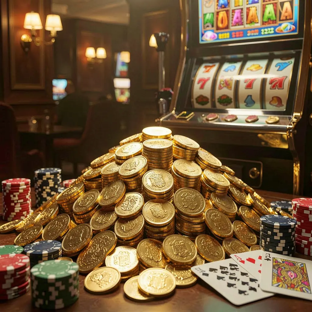 KKK9 jackpot bonus scene featuring a huge pile of golden coins, a slot machine in the background, poker chips, and playing cards under cinematic luxury lighting