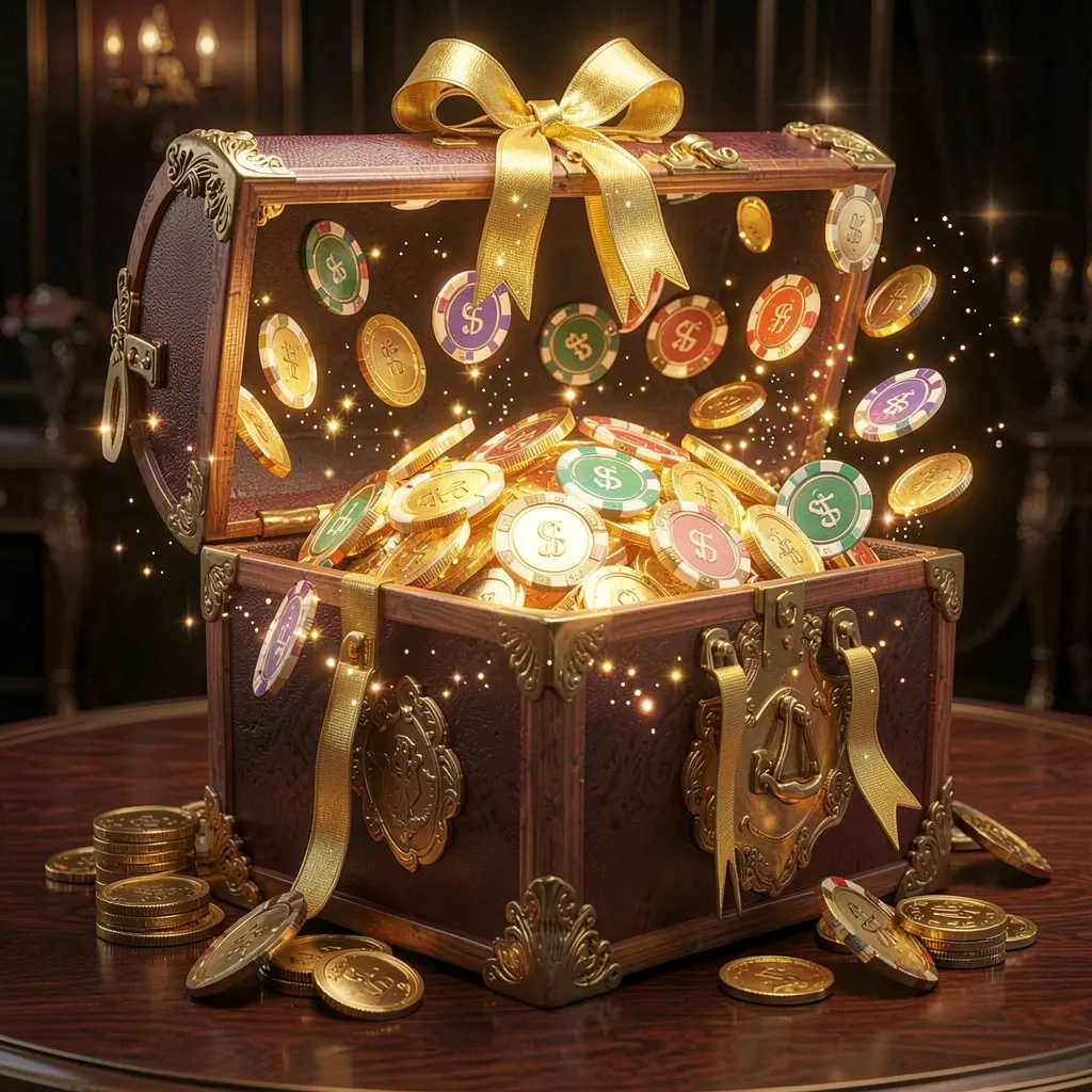KKK9 no deposit casino bonus concept featuring a glowing gift box filled with free casino chips and golden coins against a luxury dark background with magical sparkle effects creating an exciting reward atmosphere