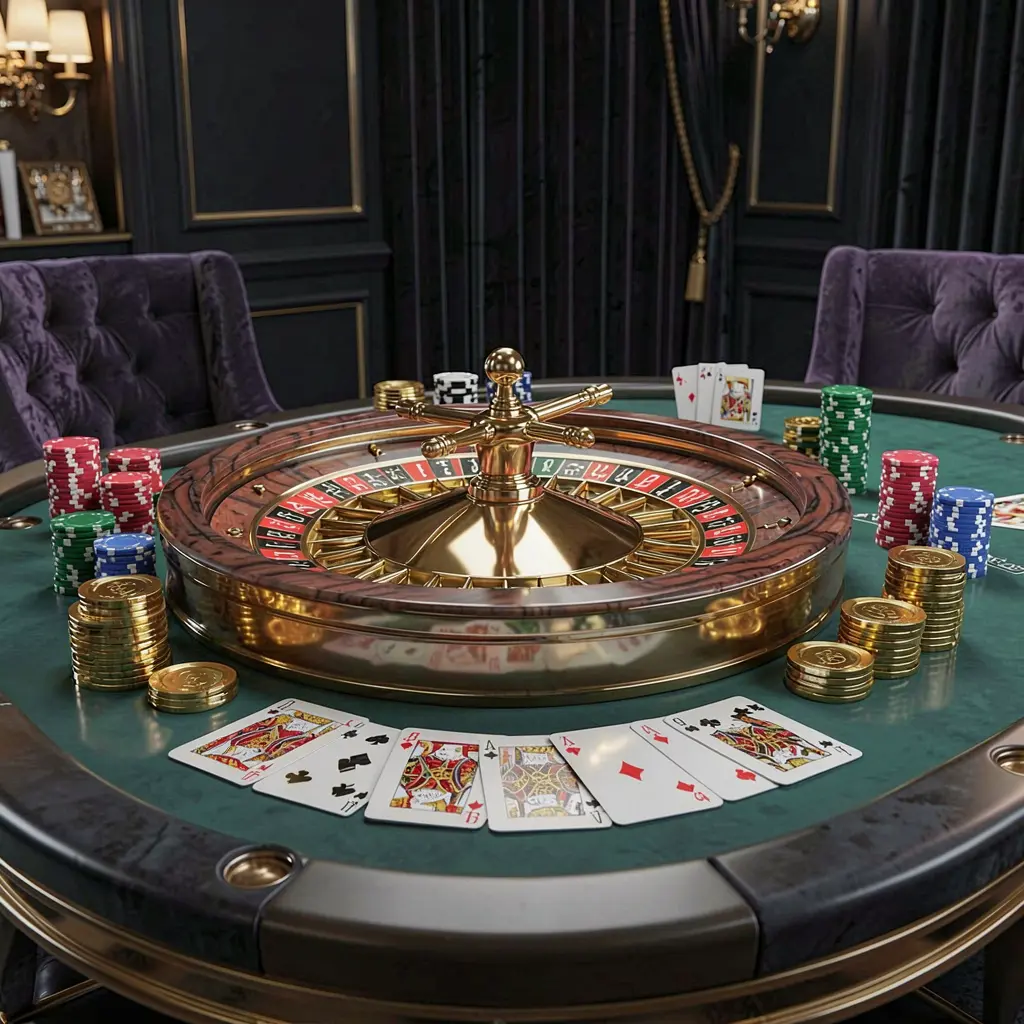 KKK9 modern online casino scene featuring a roulette wheel, playing cards, poker chips, and golden coins on a glossy table with a dark luxury background in a realistic 3D illustration