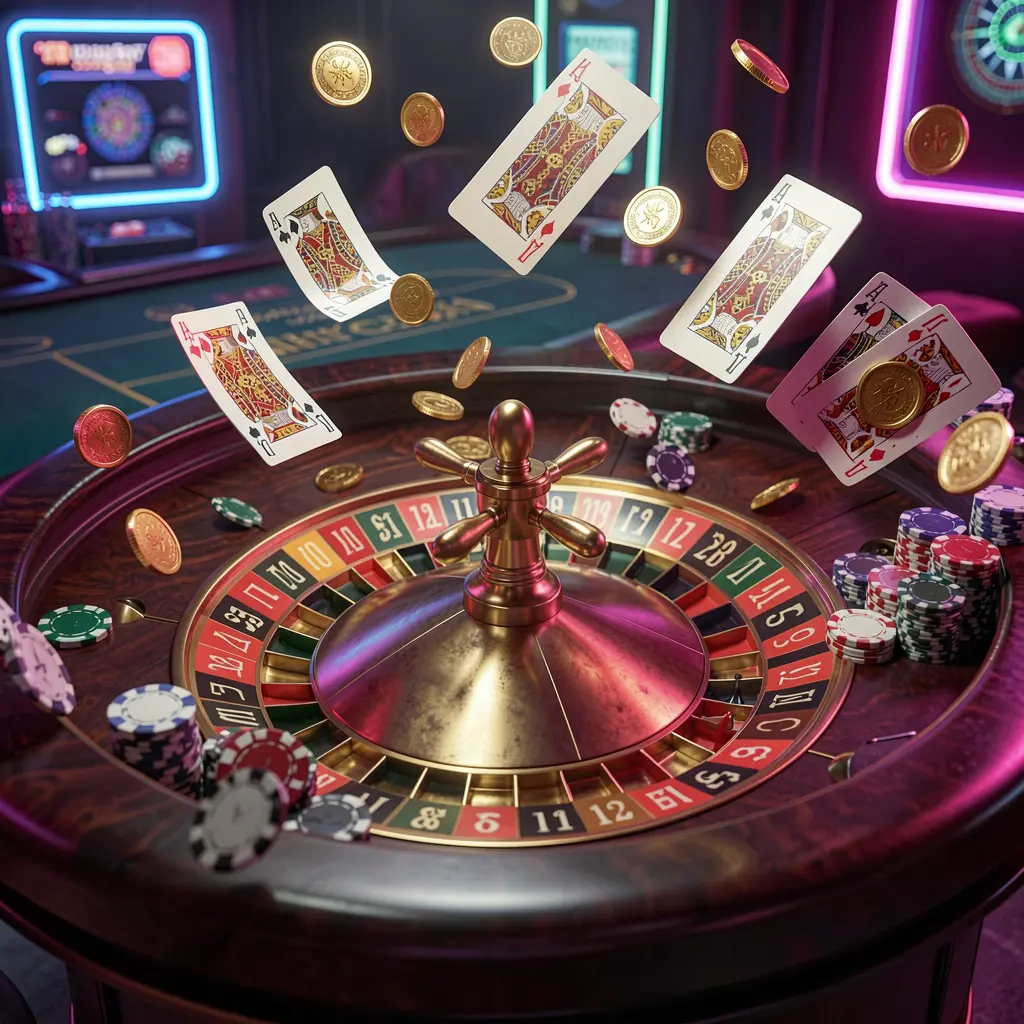 Elegant roulette table with chips, cards, and golden coins flying in the air under dramatic neon lighting, showcasing premium casino gaming by KKK9