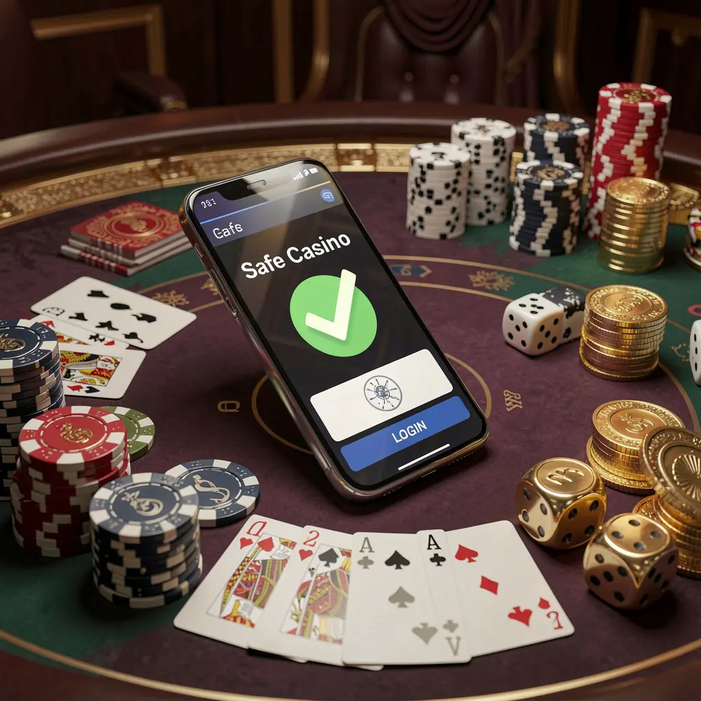 KKK9 safe casino login concept showing a smartphone with verification checkmark icon surrounded by chips, cards, dice, and golden coins on an elegant luxury casino table in Malaysia KKK9 safe casino login concept showing a smartphone with verification checkmark icon surrounded by chips, cards, dice, and golden coins on an elegant luxury casino table in Malaysia