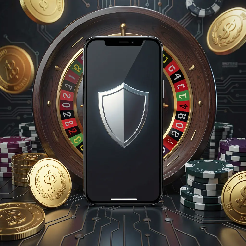 KKK9 secure mobile casino access showing a phone screen with a shield icon, roulette wheel and poker chips in the background, golden coins, set in a dark cyber luxury atmosphere KKK9 secure mobile casino access showing a phone screen with a shield icon, roulette wheel and poker chips in the background, golden coins, set in a dark cyber luxury atmosphere